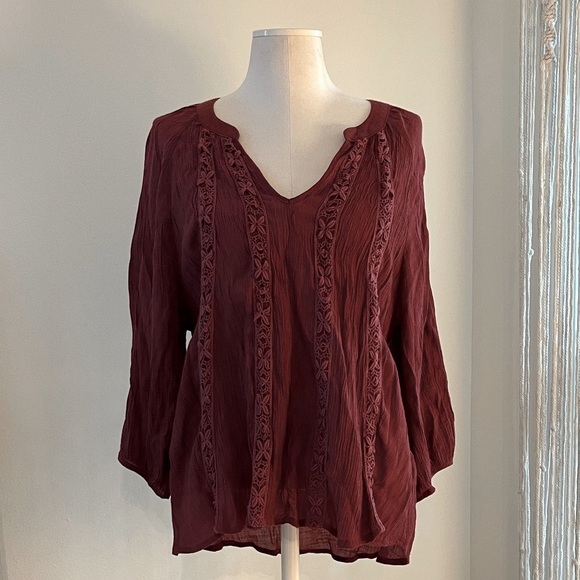 *Like New* Women's Burgundy Boho Peasant Top Poet Blouse | Size XL - Picture 1 of 8